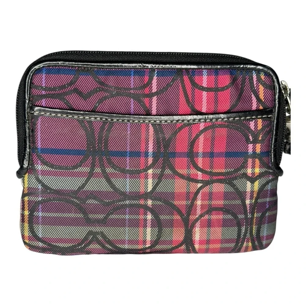 Coach Signature Plaid Wristlet Zip Wallet Pouch | Subtle Shimmer | Pink Interior - Picture 3 of 8